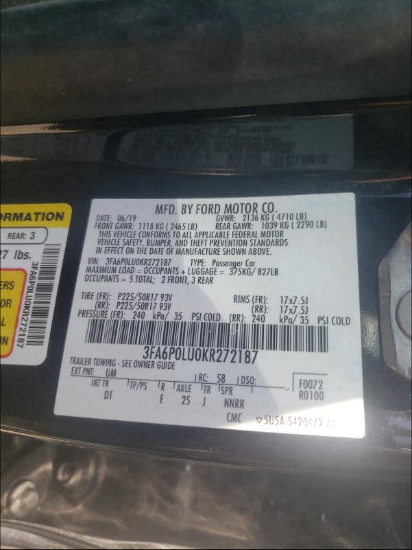 2019 FORD FUSION SE 3FA6P0LU0KR272187