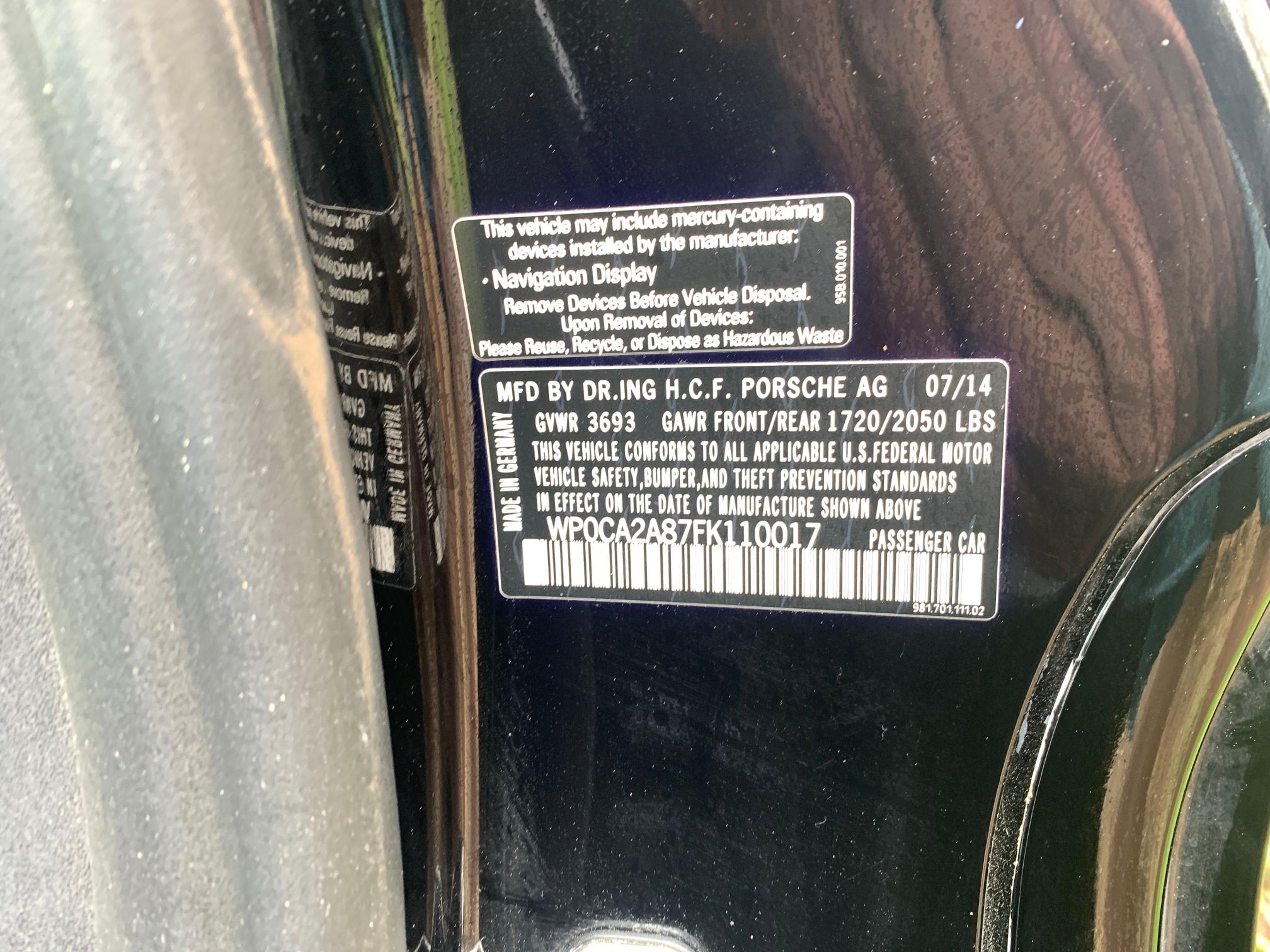 2015 PORSCHE BOXSTER WP0CA2A87FK110017