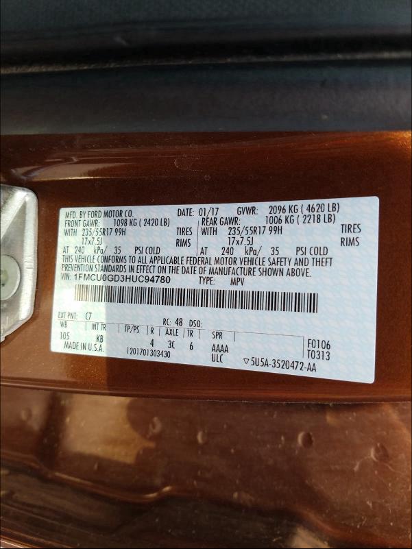 2017 FORD ESCAPE SE 1FMCU0GD3HUC94780