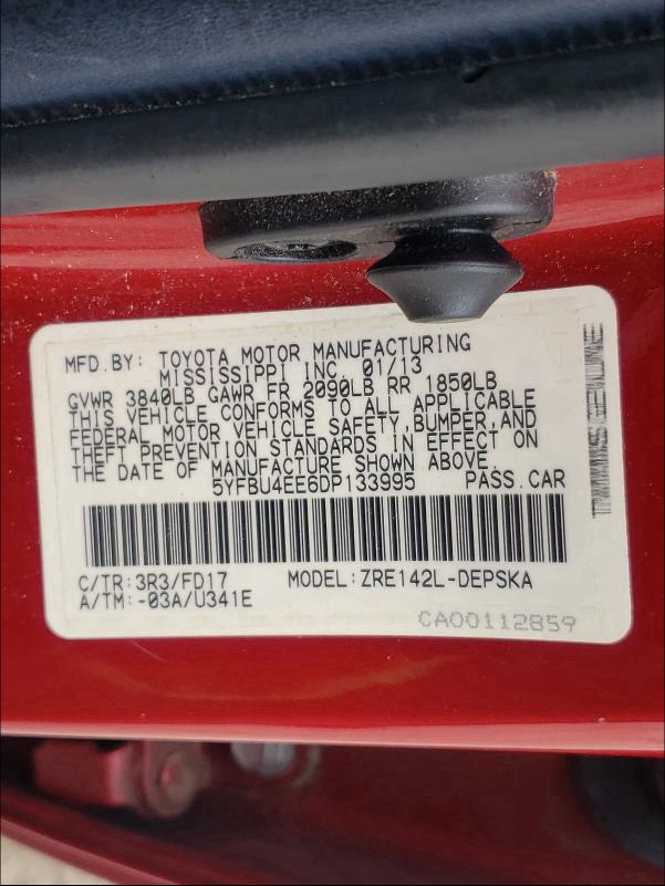 2013 TOYOTA COROLLA BA 5YFBU4EE6DP133995
