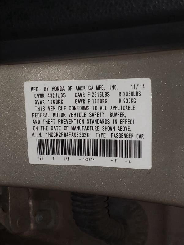 2015 HONDA ACCORD EXL 1HGCR2F84FA063926