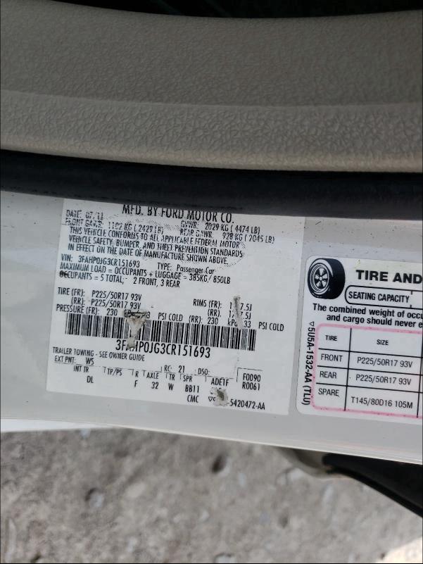 2012 FORD FUSION SEL 3FAHP0JG3CR151693
