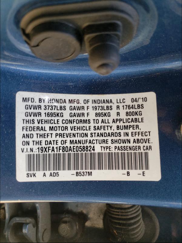 2010 HONDA CIVIC EX 19XFA1F80AE058824