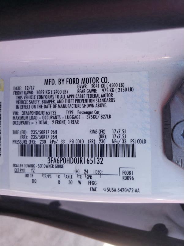 2018 FORD FUSION SE 3FA6P0HD0JR165132
