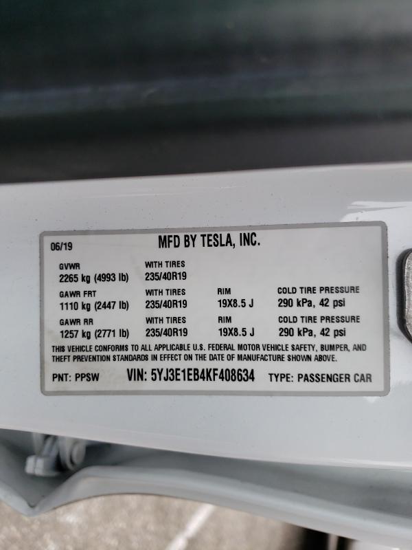 2019 TESLA MODEL 3 5YJ3E1EB4KF408634