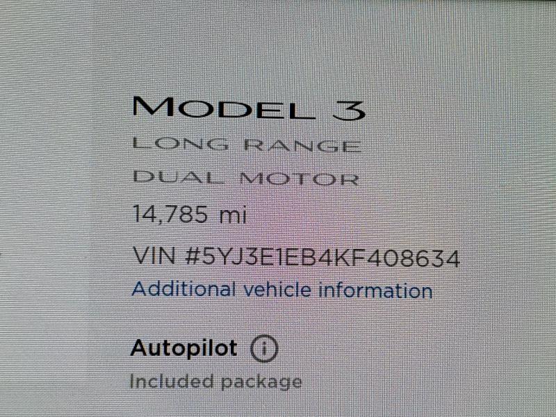 2019 TESLA MODEL 3 5YJ3E1EB4KF408634