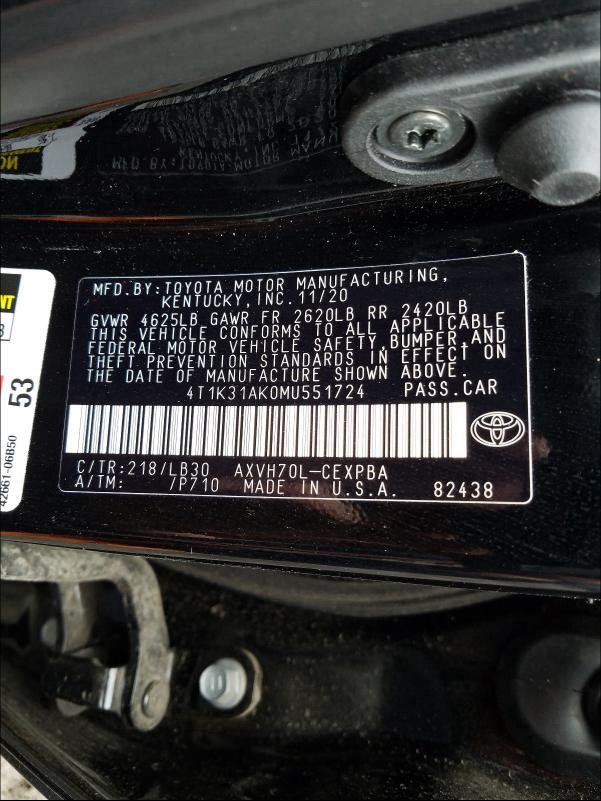 2021 TOYOTA CAMRY XSE 4T1K31AK0MU551724