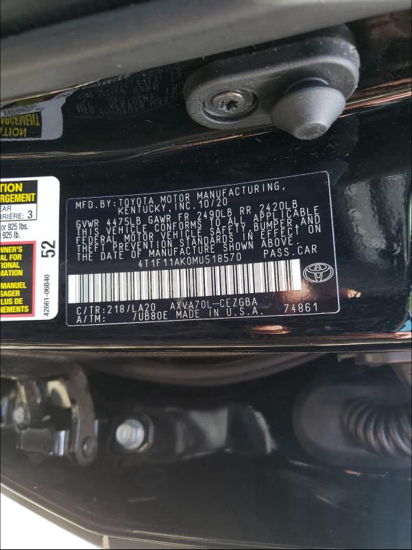 2021 TOYOTA CAMRY XLE 4T1F11AK0MU518570