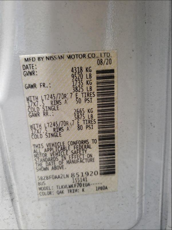 2020 NISSAN NV 3500 5BZBF0AA2LN851920