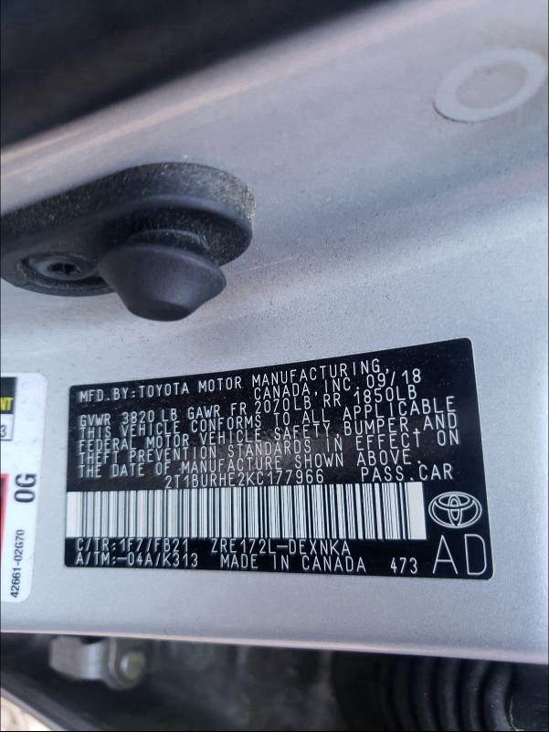 2019 TOYOTA COROLLA L 2T1BURHE2KC177966
