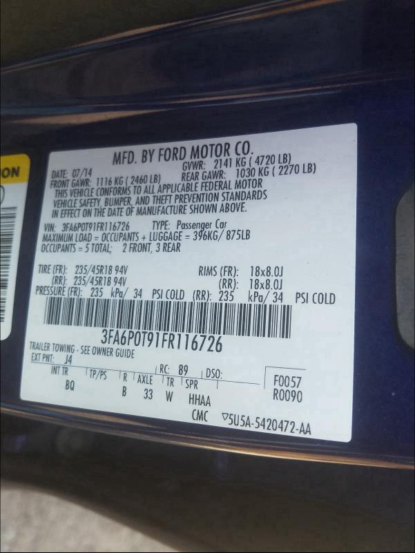 2015 FORD FUSION SE 3FA6P0T91FR116726
