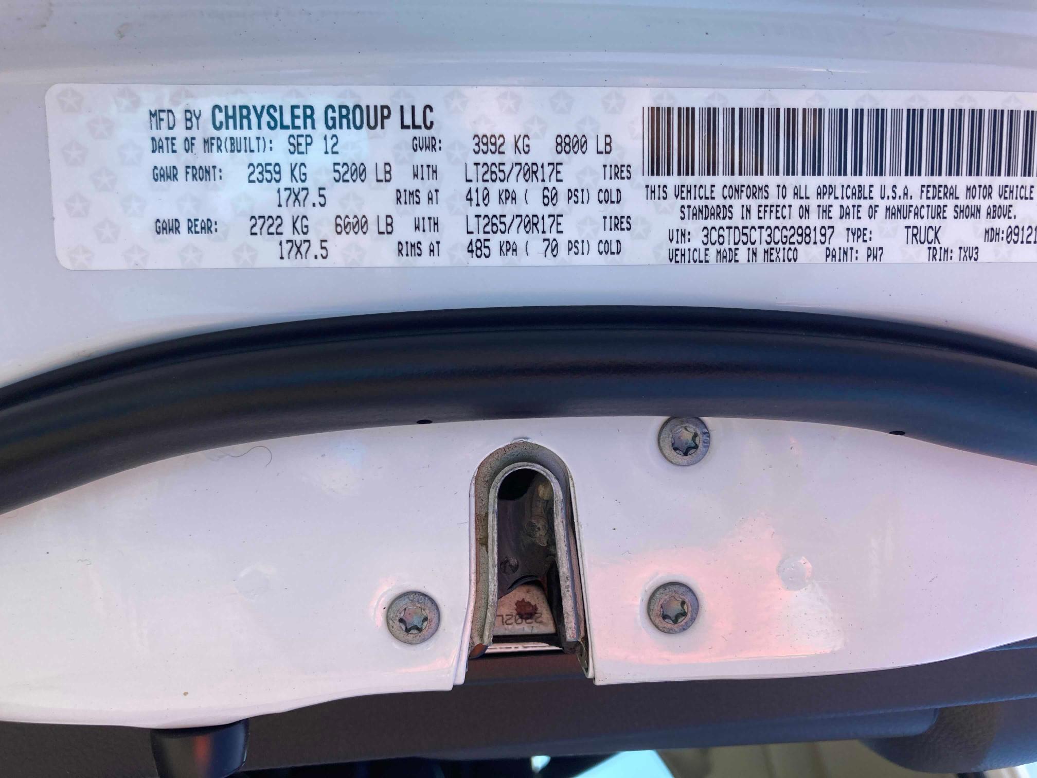 2012 DODGE RAM 2500 S 3C6TD5CT3CG298197