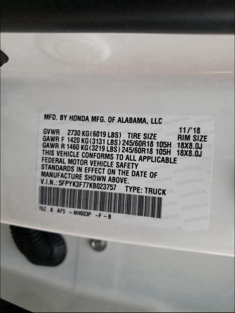 2019 HONDA RIDGELINE 5FPYK3F77KB023757