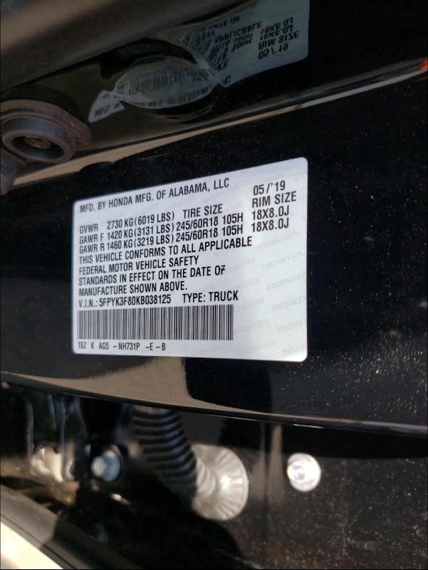2019 HONDA RIDGELINE 5FPYK3F80KB038125