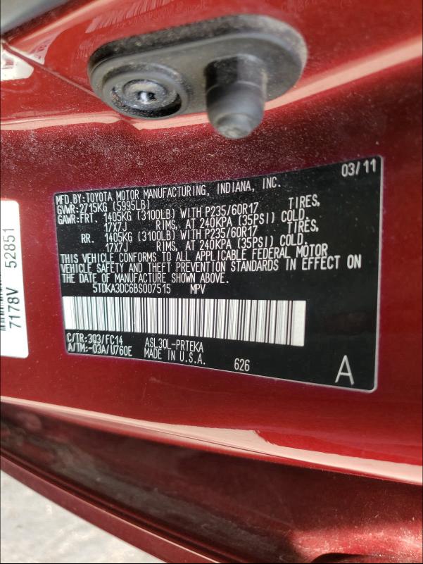 2011 TOYOTA SIENNA BAS 5TDKA3DC6BS007515