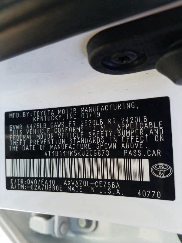 2019 TOYOTA CAMRY L 4T1B11HK5KU209873