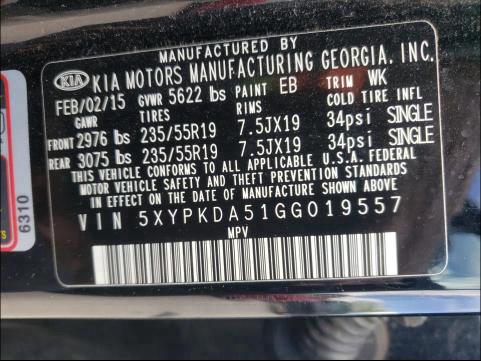 2016 KIA SORENTO 5XYPKDA51GG019557