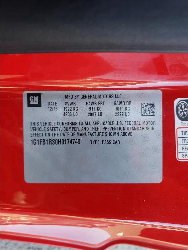 2017 CHEVROLET CAMARO 1G1FB1RS0H0174749