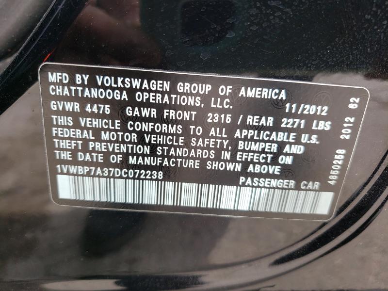 2013 VOLKSWAGEN PASSAT SE 1VWBP7A37DC072238