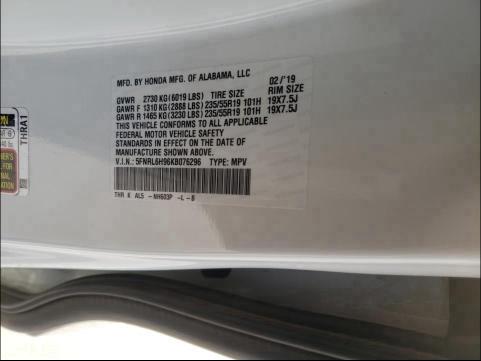 2019 HONDA ODYSSEY EL 5FNRL6H96KB076296
