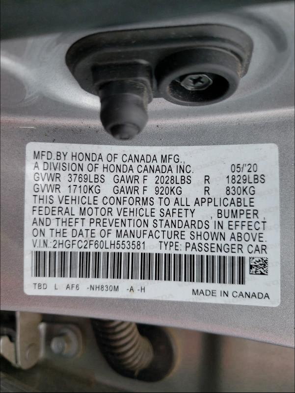 2020 HONDA CIVIC SE 2HGFC2F60LH553581