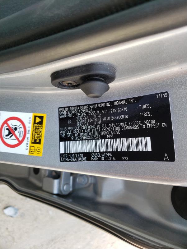 2019 TOYOTA HIGHLANDER 5TDKZRFH4KS367578