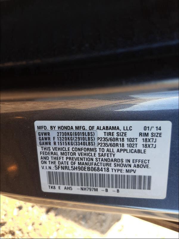 2014 HONDA ODYSSEY TO 5FNRL5H90EB068418