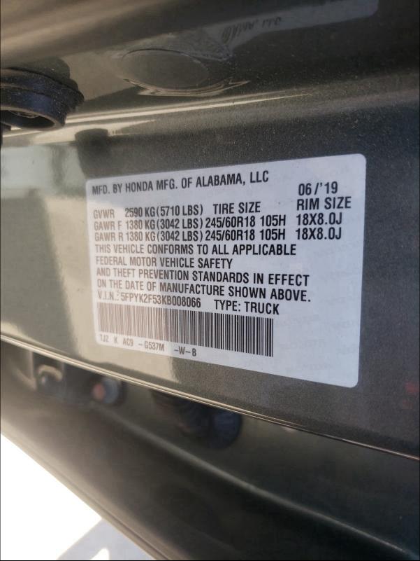 2019 HONDA RIDGELINE 5FPYK2F53KB008066