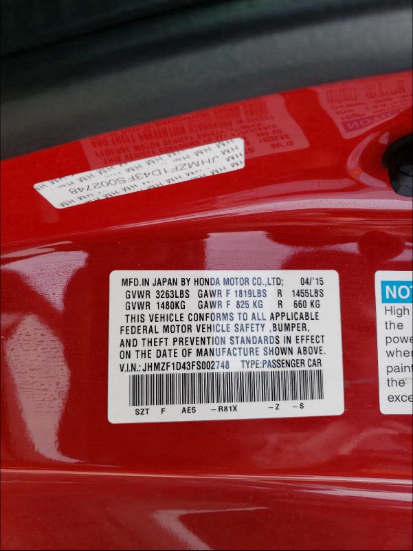2015 HONDA CR-Z JHMZF1D43FS002748