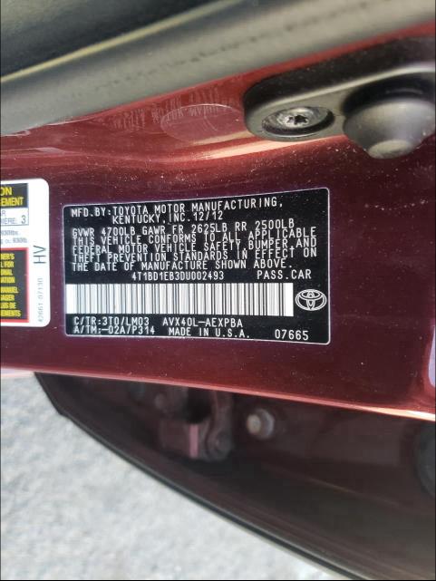 2013 TOYOTA AVALON HYB 4T1BD1EB3DU002493