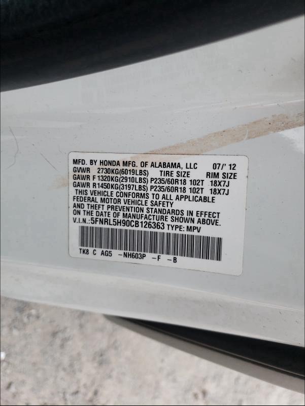 2012 HONDA ODYSSEY 5FNRL5H90CB126363