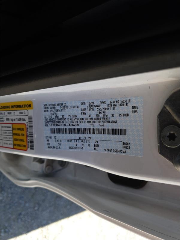 2020 FORD RANGER XL 1FTER4FH3LLA86259