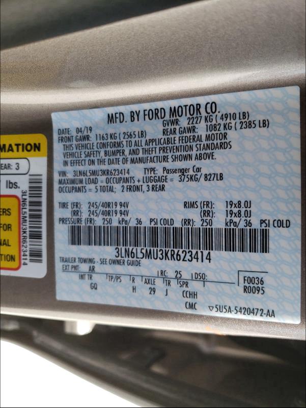 2019 LINCOLN MKZ RESERV 3LN6L5MU3KR623414