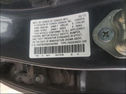 2013 HONDA CIVIC HF 2HGFB2F6XDH557495