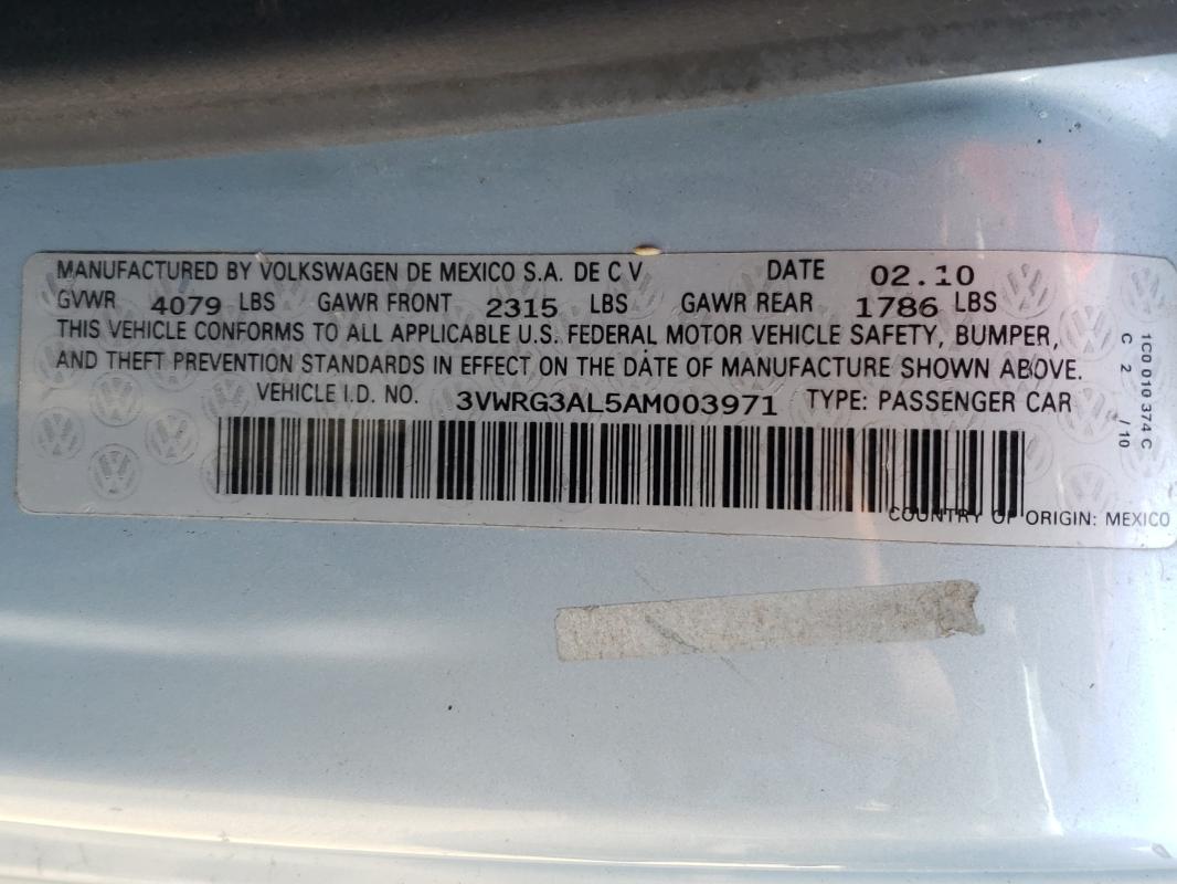 2010 VOLKSWAGEN NEW BEETLE 3VWRG3AL5AM003971