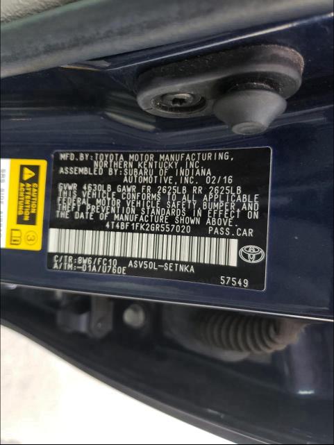 2016 TOYOTA CAMRY, 4T4BF1FK2GR557020 - 10