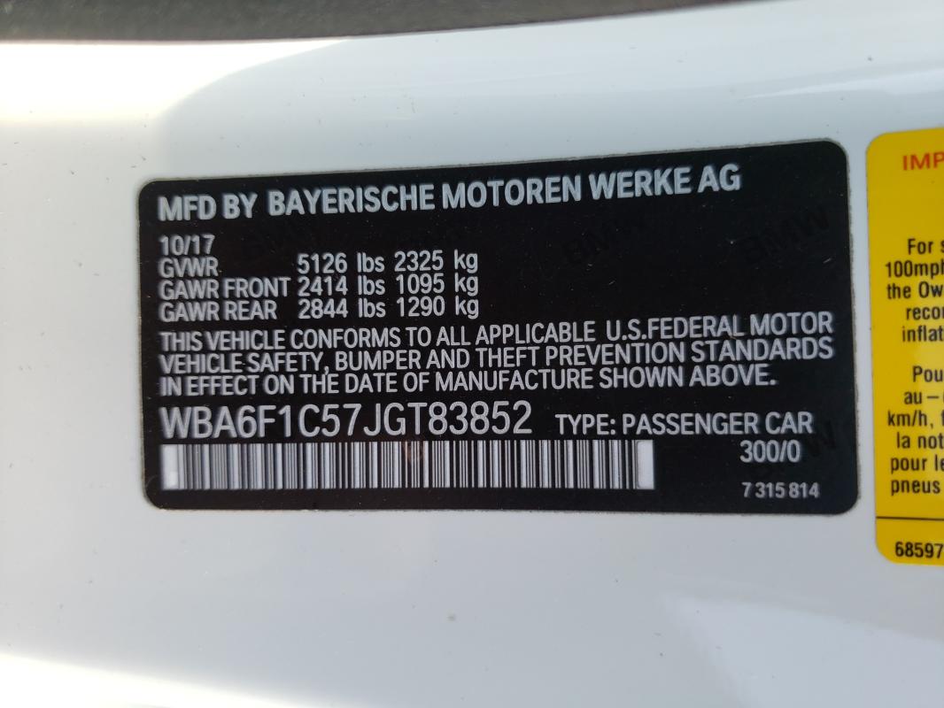 VIN WBA6F1C57JGT83852 2018 BMW 6 Series, 640 I no.10