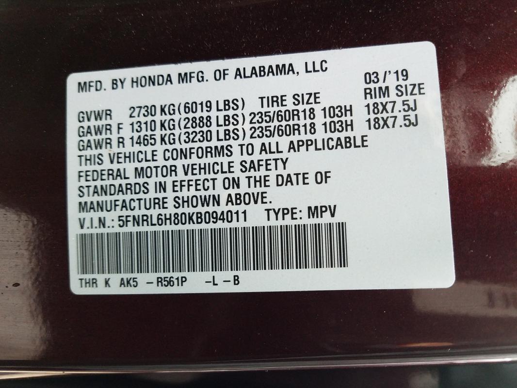 2019 HONDA ODYSSEY TO 5FNRL6H80KB094011