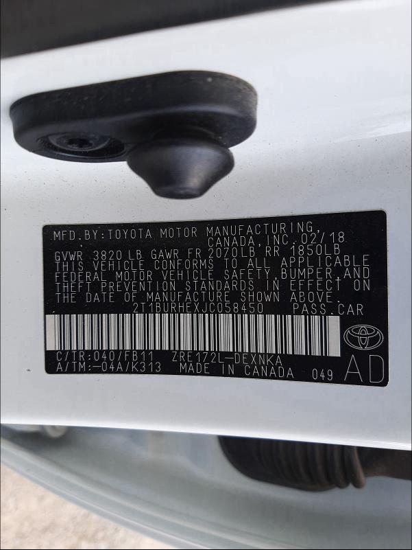 2018 TOYOTA COROLLA L 2T1BURHEXJC058450