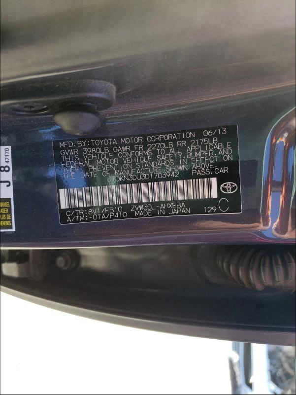 2013 TOYOTA PRIUS JTDKN3DU3D1703942