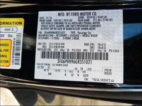 2016 FORD FUSION SE 3FA6P0H96GR351021