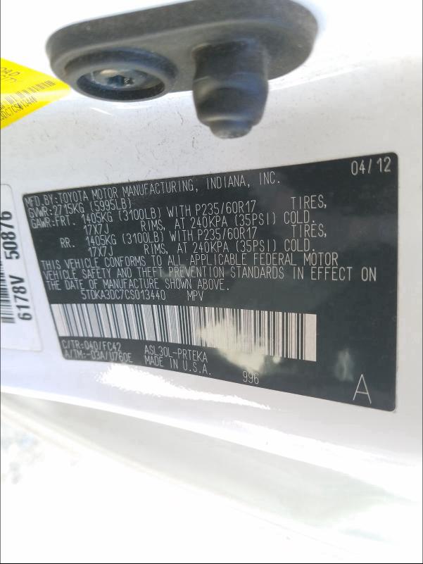 2012 TOYOTA SIENNA BAS 5TDKA3DC7CS013440