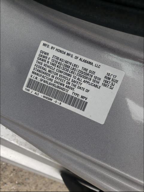 2018 HONDA ODYSSEY EL 5FNRL6H95JB048312