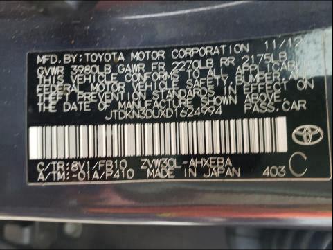 2013 TOYOTA PRIUS JTDKN3DUXD1624994