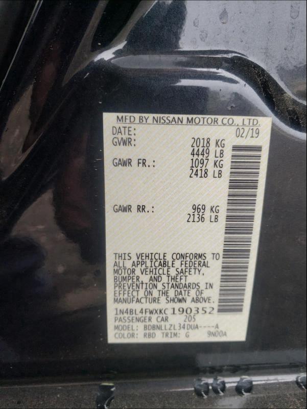 2019 NISSAN ALTIMA PLA 1N4BL4FWXKC190352