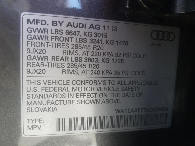 VIN WA1LAAF77KD020594 2019 Audi Q7, Premium Plus no.10