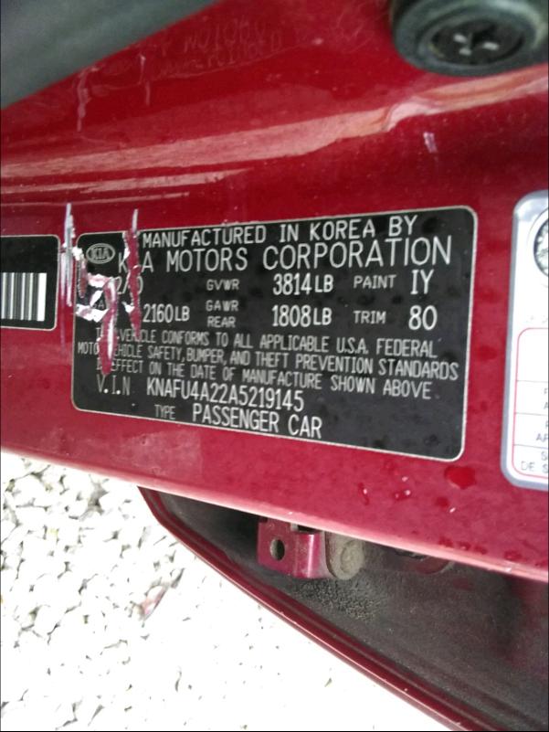 2010 KIA FORTE KNAFU4A22A5219145