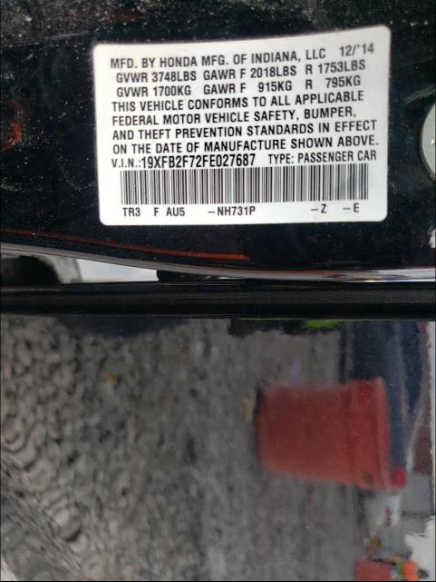 2015 HONDA CIVIC SE 19XFB2F72FE027687