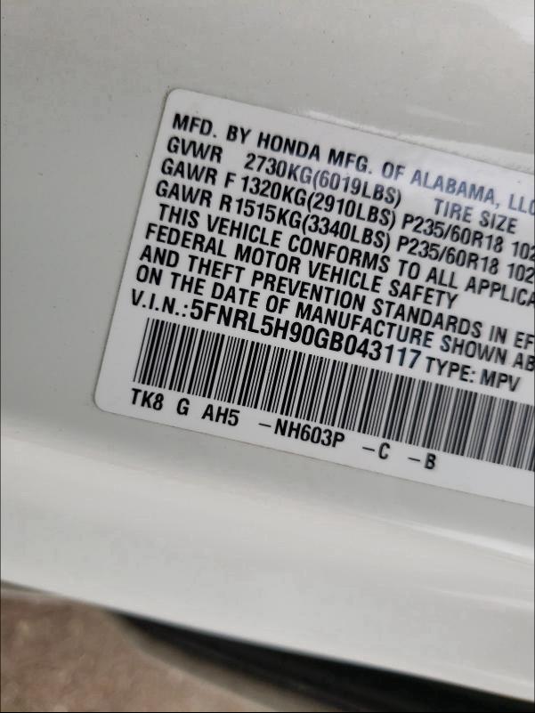 2016 HONDA ODYSSEY TO 5FNRL5H90GB043117