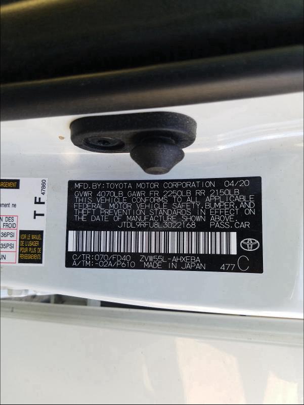2020 TOYOTA PRIUS LE JTDL9RFU8L3022168